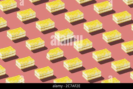 Trendy seamless food pattern - layered sponge cakes on a pastel background, minimal food isometric concept texture. Stock Photo