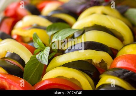 Ratatouille Diet Vegetarian Vegan Food - A traditional French Provencal vegetable dish, raw ingredients for baking in the oven, macro photo. Stock Photo