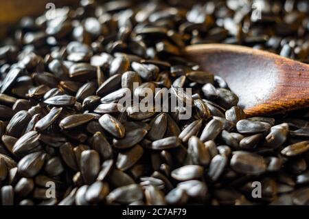 Fried sunflower black seeds with a wooden spoon in a pan, close-up Stock Photo