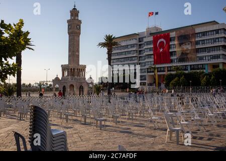 The celebrations of 15 July 2020 Democracy and National Unity Day were celebrated, during Corona Virus outbreak, in Izmir Konak Square. Stock Photo