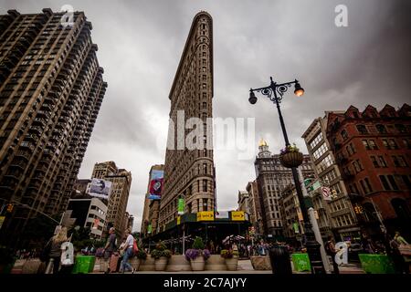 New York, NY / USA - July 23, 2019: Flatiron Building On A Cloudy Day Stock Photo