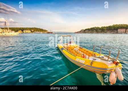 Famous Adriatic resort Makarska with picturesque harbor and touristic boats. Location: Makarska riviera, Dalmatia, Croatia, Europe Stock Photo