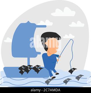 Man sitting on the sailing board and catching money from the sea Stock Vector