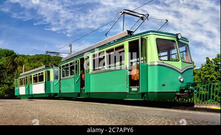 Rack railway goes to the summit of the Drachenfels in Koenigswinter, North Rhine-Westphalia , Germany Stock Photo