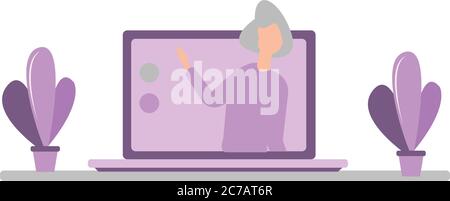 Learning by webinar training and listening to businesswoman on laptop Stock Vector