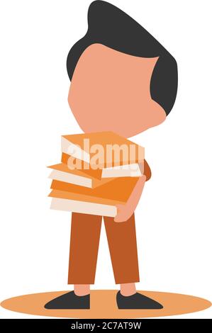 A boy holds heavy stack of school books Stock Vector