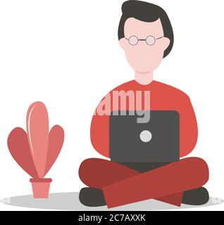 Man in eyeglasses sitting on the floor and working on laptop Stock Vector