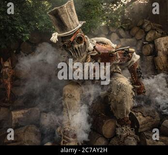 Futuristic character cyborg stalker. Art Photography in steampunk style. Stock Photo