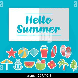 Hello Summer with colorful beach elements vector illustration design Stock Vector