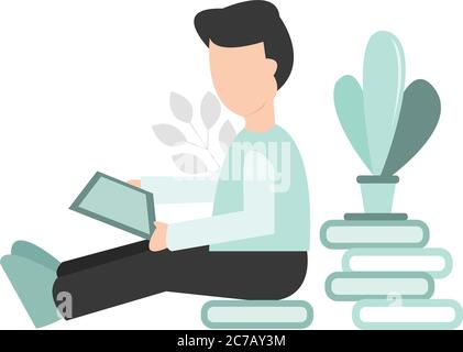 A schoolboy sitting on the books and working on his tablet Stock Vector