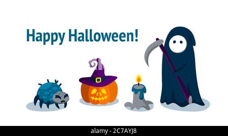 Horizontal greeting banner with Halloween characters. Pumpkin, spider and the Grim Reaper. Vector illustration for Halloween party. Stock Vector