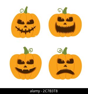 Happy, funny, cute and scary halloween pumpkin set. Holidays cartoon character collection. Vector illustration in flat style. Stock Vector