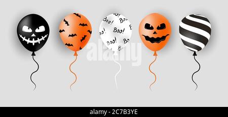 Halloween balloons. Scary air orange, black and white balloons. Creepy face on baloon for sale banners or poster. Holidays cartoon character. Vector Stock Vector