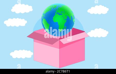 earth globe unboxing from box in the clouds Stock Vector