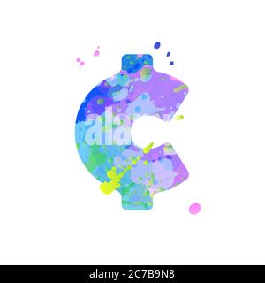 Special symbol cent with effect of liquid spots of paint in blue, green, pink colors, isolated on white background. Decoration element for design of a flyer, poster, calendar, cover, title. Stock Vector