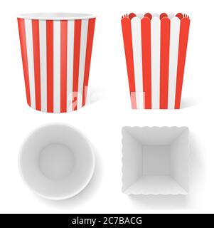 Striped bucket for popcorn, chicken wings or legs mockup isolated on transparent background. Empty red white stripy pail fastfood, paper hen bucketful, food box render Realistic vector top front view Stock Vector