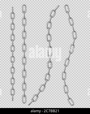Metal chain with whole and break links made of silver, chrome or steel. Border with connected stainless rings. Realistic 3d vector straight heavy decorative elements isolated on transparent background Stock Vector
