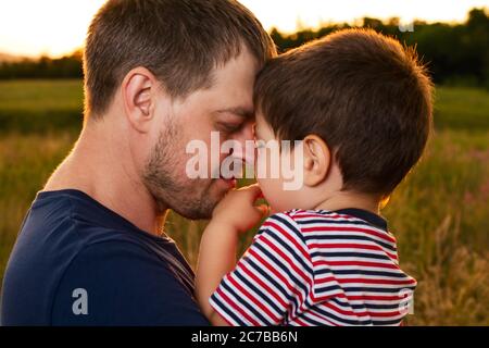 Dad holds his young son in his arms and hugs him in a summer field at sunset in the evening. Dad's love, attachment to the child. Love in the family. Stock Photo
