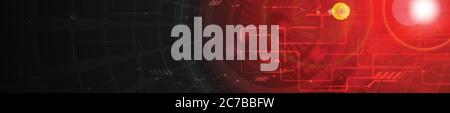 Abstract technology concept dark red web banner. Vector header template with circuit board and gear shape Stock Vector