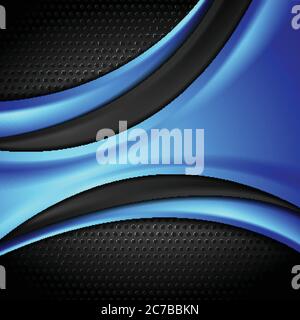 Blue and black waves on dark perforated background. Vector corporate design Stock Vector