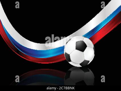 Abstract black background with soccer ball and Russian wavy flag. Football vector design Stock Vector