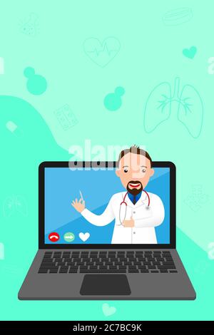 Doctor online on your laptop. Online medicine, consultation and diagnosis concept. Men therapist via smartphone. Web banner for medical app. Ask Stock Vector