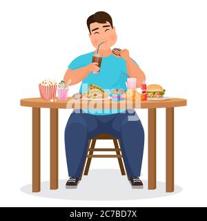 Funny fat obese man eating hamburger fast food. Vector Illustration Stock Vector