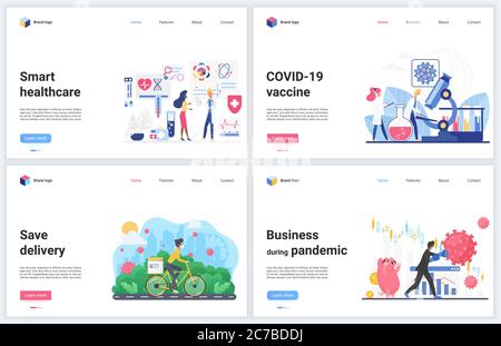 Online contactless services during quarantine concept vector illustrations. Cartoon flat banner set, interface website design with business or healthcare delivering support, vaccine development Stock Vector