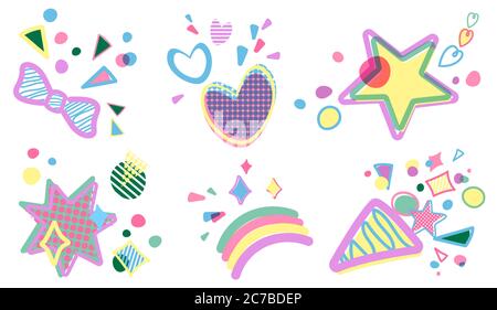 Set of birthday party decorative design elements. Simple flat cartoon icons design. Stars, hearts, boom, arrows Stock Vector