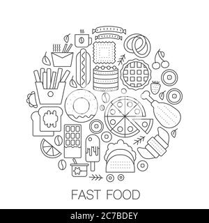 Fast food in circle - concept line illustration for cover, emblem, badge. Tasty fast food thin line stroke icons. Stock Vector