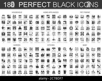 180 household, home appliances, pet, garden, kitchen, baby black mini concept icons and infographic symbols set Stock Vector