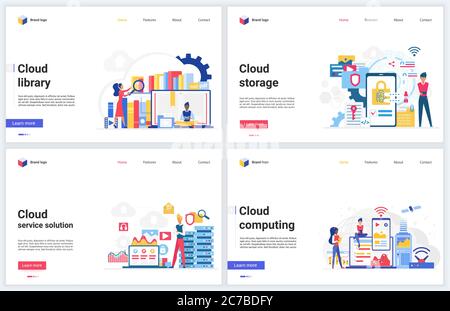 Cloud computing service, data online library vector illustrations. Cartoon flat concept design, interface mobile website for database backup storage, online media file upload or download functions Stock Vector