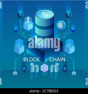 Cryptocurrency and blockchain concept, data powered center, cloud data storage isometric vector illustration. Web design, presentation banner Stock Vector