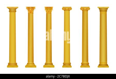 Vector illustration of golden realistic high detailed greek roma ancient columns. Luxury gold column Stock Vector