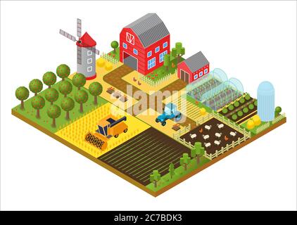 Rural farm 3d isometric template concept with mill, garden, trees, agricultural vehicles, farmer house and greenhouse game or app vector illustration Stock Vector