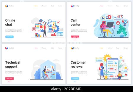 Customer support, help call center vector illustrations. Cartoon flat concept banners, interface website design with consultant hotline online chat, professional supporter answering helpdesk service Stock Vector