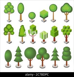 Isometric cartoon set of forest and city park vector trees and bushes of various geometric shapes isolated Stock Vector