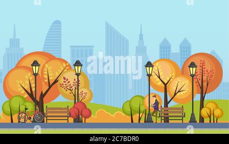 Vector illustration of a beautiful autumn public city park with city skyscrapers buildings background Stock Vector