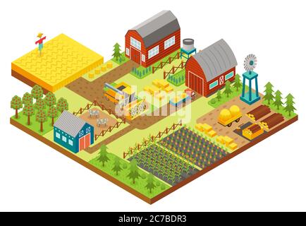 Vector isometric icon representing rural farm setting with tractor, combine harvester, house, windmill and warehouse Stock Vector