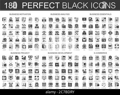 180 seo optimization, business motivation, business analysis, business essentials, business project, startup development, e-commerce classic black mini concept icons and infographic symbols set Stock Vector