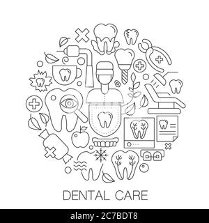 Dental care in circle - concept line illustration for cover, emblem, badge. Dental care thin line stroke icons
