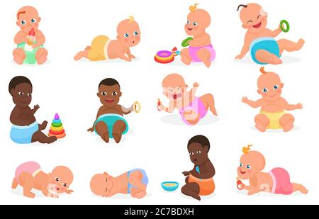 Set with cute little baby in different situations. Playing, sleeping, sitting, lying, crawling baby. Happy smiling newborn boy or girl. Vector illustration. Stock Vector