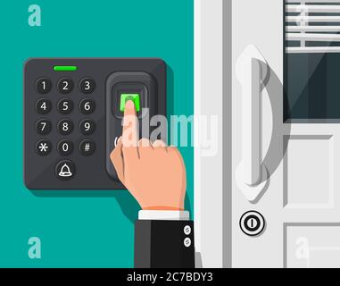 Password and fingerprint security device at office or home door. Access control machine or time the attendance. Proximity card reader. Vector illustration in flat style Stock Vector