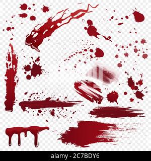 Set of vector various realistic detailed bloodstain, blood or paint splatters isolated on the alpha transperant background Stock Vector
