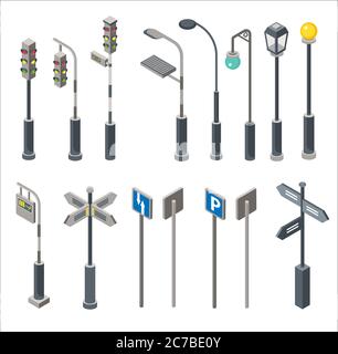High quality isometric city road sign and lights set isolated Stock Vector