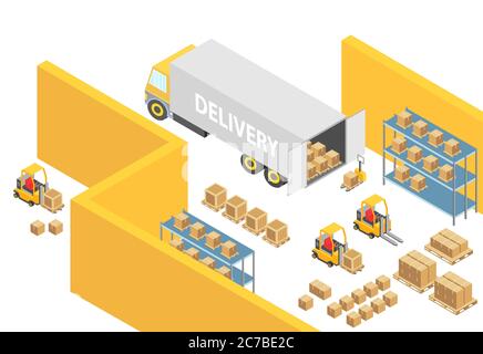 Warehouse isometric 3D warehouse interior map illustration with logistics transport and delivery vehicles. Loader forklift trucks, people and delivery boxes. Cargo company infographic vector template Stock Vector