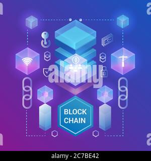Cryptocurrency and blockchain isometric concept. Isometric vector illustration. Web design, presentation banner Stock Vector