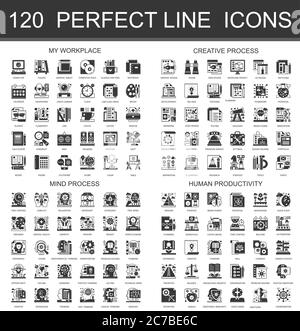 My workplace, creative process, mind process human productivity classic black mini concept symbols. Vector modern icon pictogram illustrations set Stock Vector