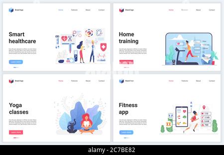 Online workout home training app vector illustrations. Cartoon flat design template set, mobile website interface for healthcare or sport fitness applications, healthy home yoga practice with trainer Stock Vector