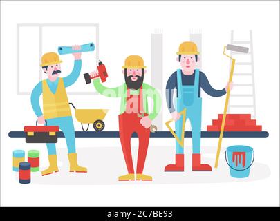 Home workers vector characters team. Friendly workers in workwear uniform standing together. Flat vector illustration Stock Vector